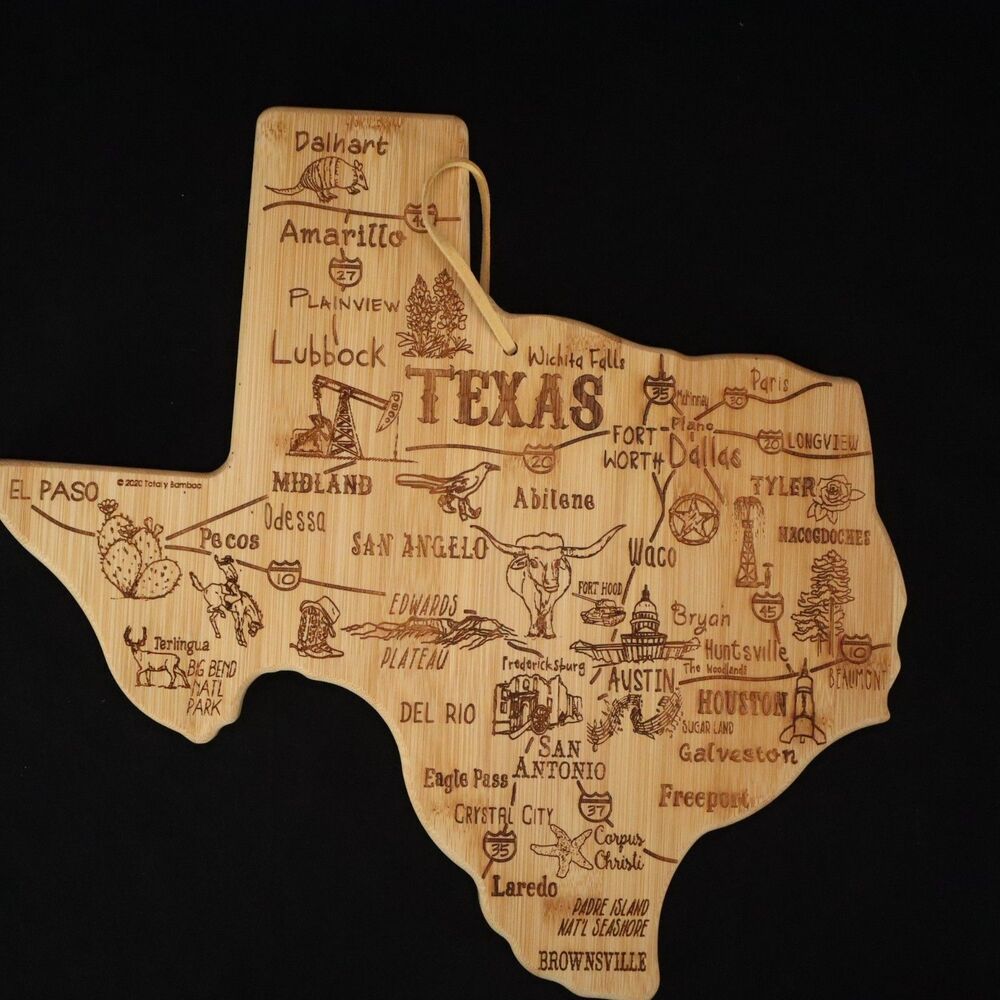 Bamboo Texas Shape Cutting Board burned in city names 14"x14" Serving Decor